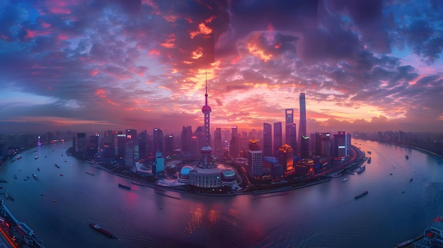 Shanghai skyline in foggy day China 3D rendering