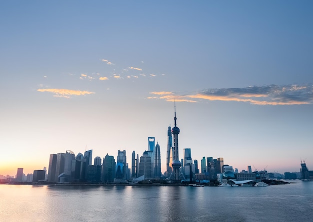 Shanghai skyline in sunrise with rosy clouds of dawn