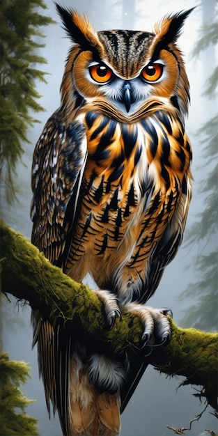 Shape Front View Eagle Owl On A Branch Perfect Big Eyes Perfect