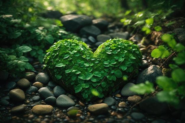 the shape of a green heart of leaves and stones ai generative