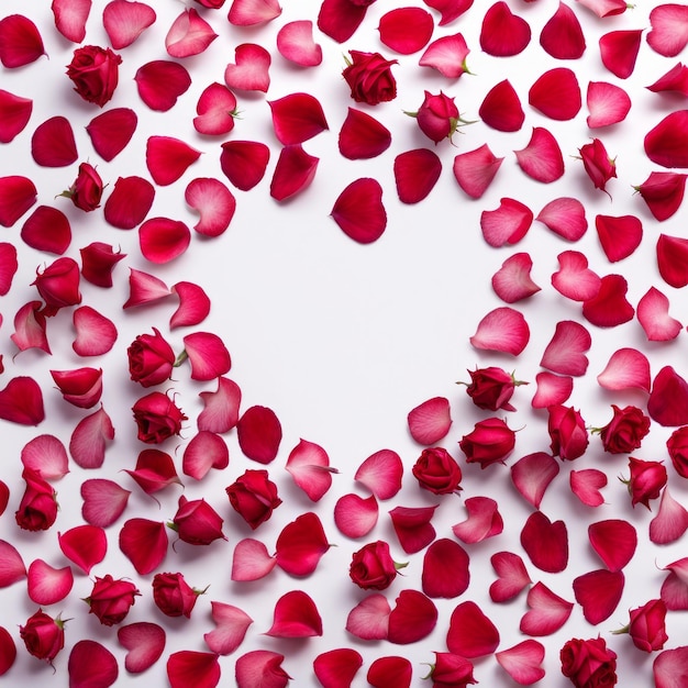 Foto la forma di un cuore creata all'interno di petali di rosa rosso rosa sparsi