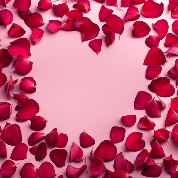 Foto la forma di un cuore creata all'interno di petali di rosa rosso rosa sparsi