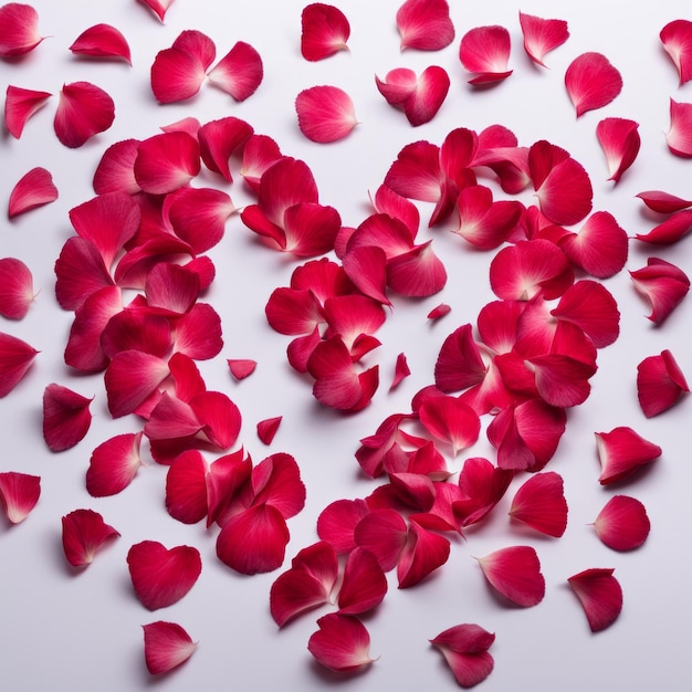 Форма сердца, созданная в разбросанных розово-красных лепестках розы.