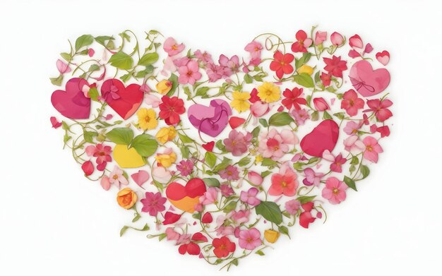 The shape of a heart drawn with a multitude of leaves and colorful flowers on a white background