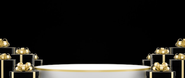 Forma podio e scatole regalo con il concetto di colore di lusso di sfondo astratto copia spazio per la presentazione del prodotto