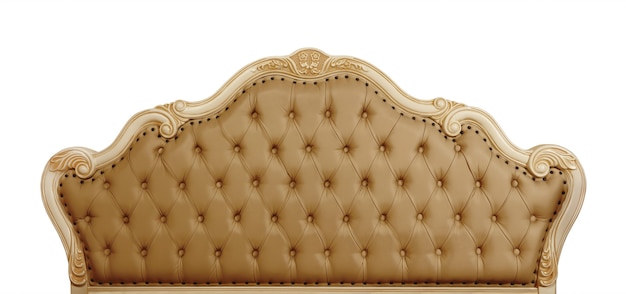 Shaped beige brown soft tufted leather capitone bed headboard of Chesterfield style sofa with carved wooden frame, isolated on white background, front view