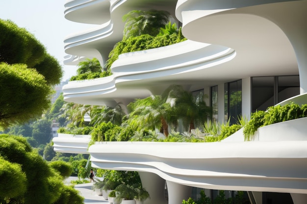 Shaped terraces with green plants on city building exterior wavy balconies Modern urban house in summer Concept of nature greenery vertical forest eco design and future