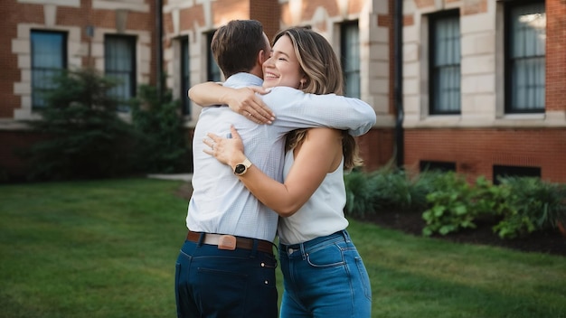 Photo shapely woman in blue jeans in wristwatch huggs with husband near lawn in front of building