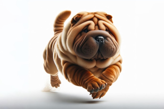 Shar Pei dog running with a funny expression on his face on a white background