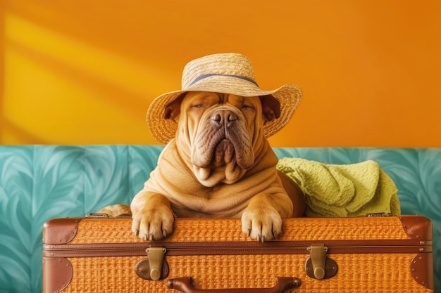 Shar pei in a hat sitting on a suitcase on a yellow background generative ai