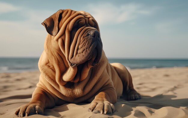 Shar Pei is sitting on the beach professional advertising post photo ai generated