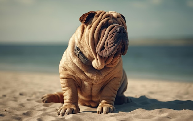 Шар Пэй сидит на пляже профессиональный рекламный пост фото ai сгенерирован