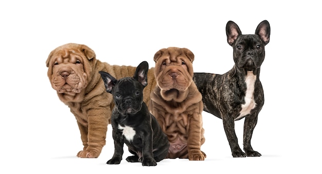 Shar pei-puppy's en franse buldoggen samen tegen wit