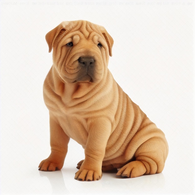 Shar pei of yellow cream color isolated on white close up. Lovely cute dog of unusual appearance