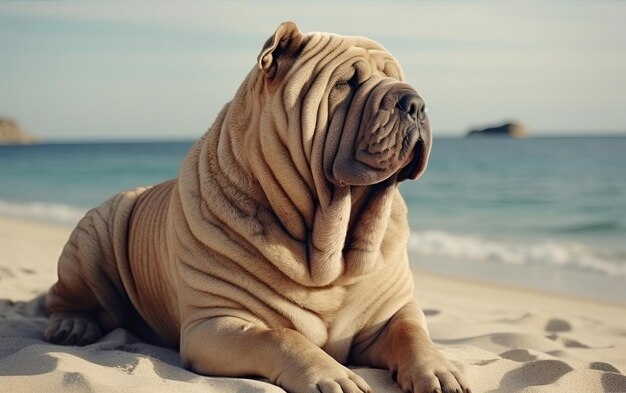 Shar Pei zit op het strand professionele reclame post foto ai gegenereerd