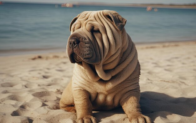 Shar Pei zit op het strand professionele reclame post foto ai gegenereerd