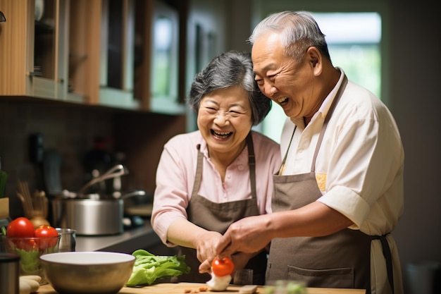 Shared Laughter Elderly Couple's Joyful Cooking Time