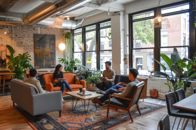 Foto condivisione di un momento di relax colleghi si riuniscono per una pausa caffè in un'accogliente area di coworking