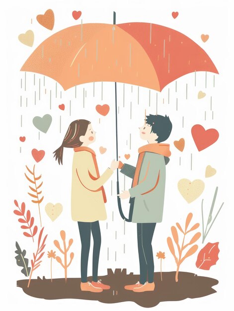 Photo sharing umbrella in rain cute pastel illustration generative ai