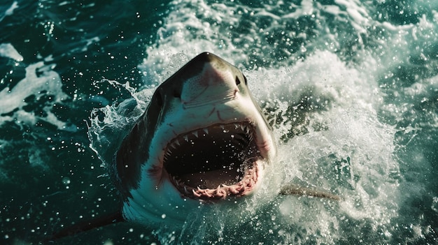 Photo shark attack ocean shark bottom view from below open toothy dangerous mouth ai generative