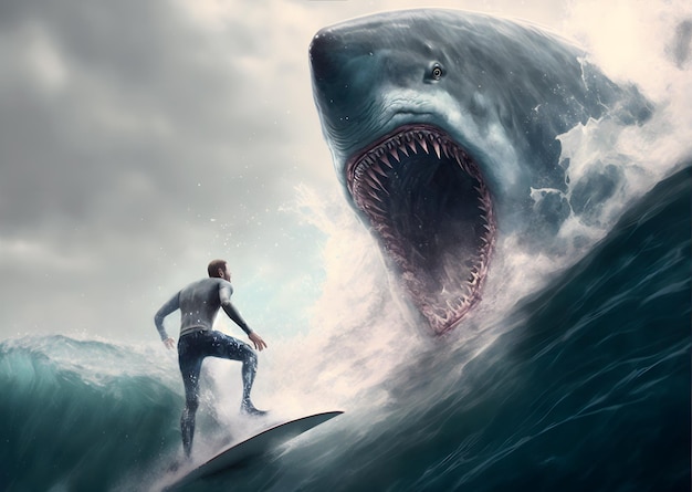 Shark attacks man surfer in sea open mouth with great teeth illustration generative AI