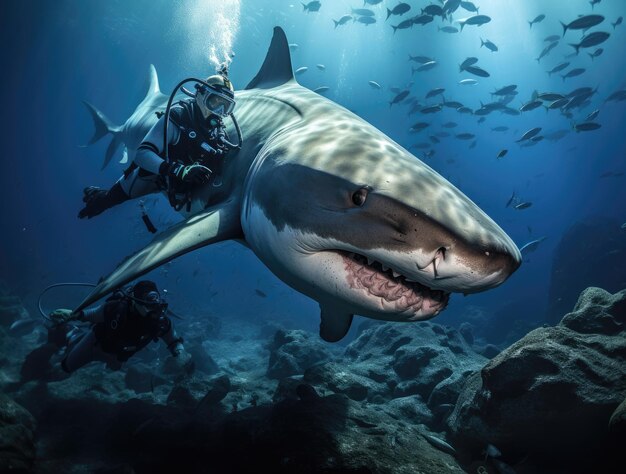 A shark attacks a scuba diver in the ocean