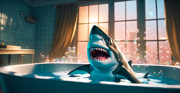 Photo shark in a bathtub with soap bubbles