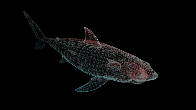 Foto uno squalo su uno sfondo nero uniforme. costruttore di elementi poligonali. l'arte del mondo degli animali selvatici nella performance moderna. rendering 3d