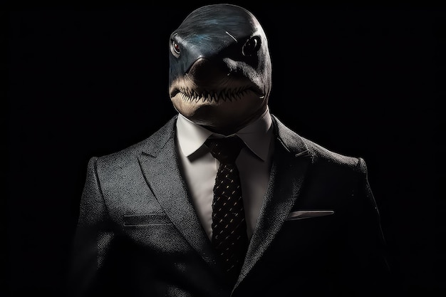 Акула в деловом костюме на черном фоне AI