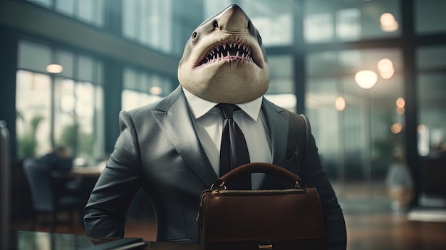 Shark businessman in suit and with case looks like head of major financial empire in ocean business