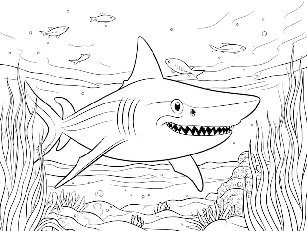 Shark coloring book page black and white outline zoo animals illustration for children