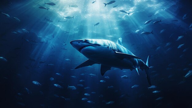 Shark in deep blue ocean generative ai