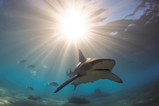 Shark dives underwater and looks at rays swimming overhead created with generative ai