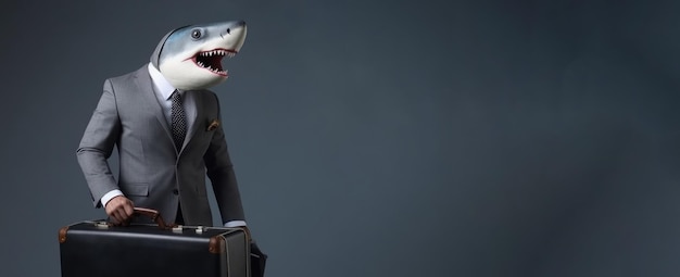 Shark dressed as a businessman business shark banner with copy space on the gray background