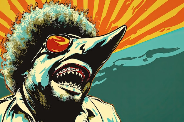 Shark funky 70s retro style poster afro