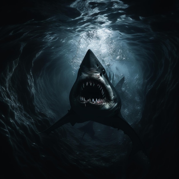 shark in the hole dark ocean