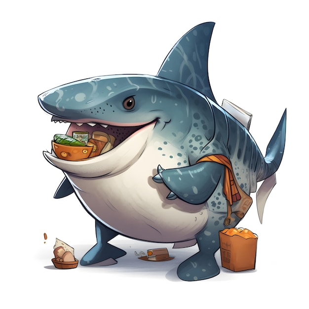 A shark is eating a sandwich and has a shirt