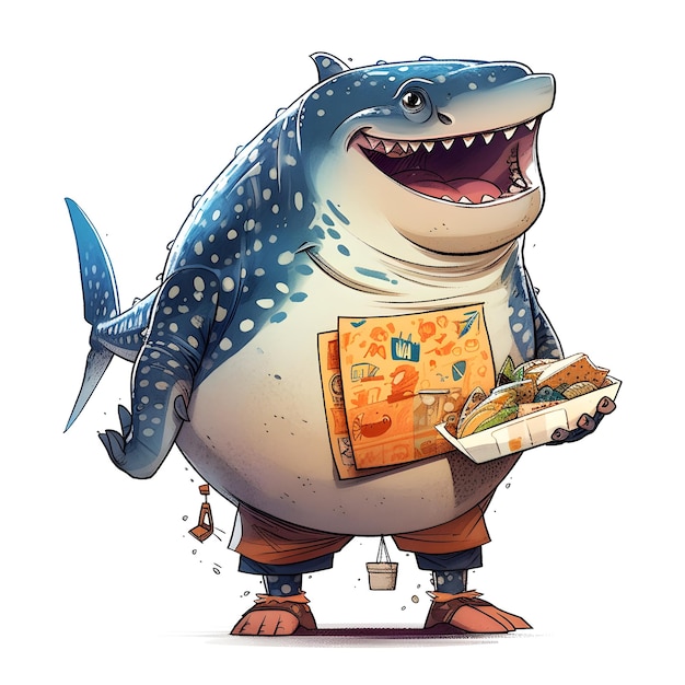 A shark is holding a box of food and a box of fish.