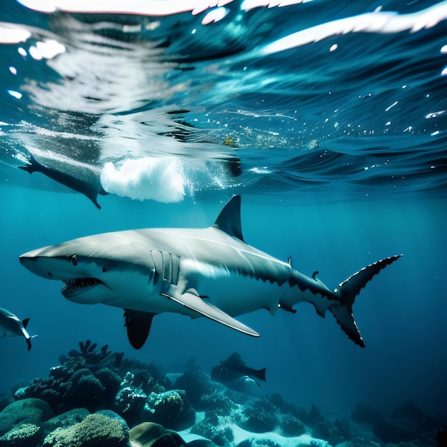 A shark is swimming in the ocean with a person swimming in the background.