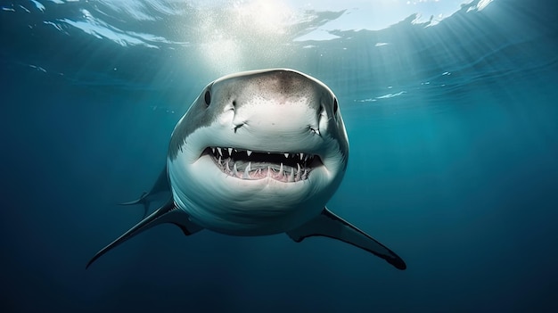 A shark is swimming in the water with the sun shining on its face.