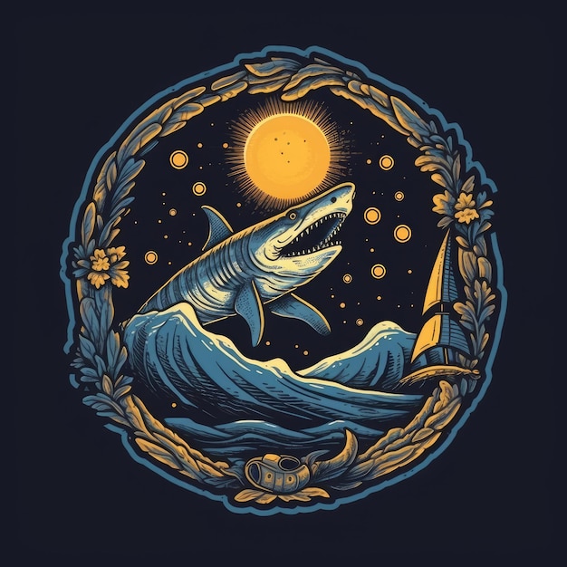 пасть акулы море океан футболка ретро винтажный дизайн макет плакат настенная иллюстрация искусство тату наклейка
