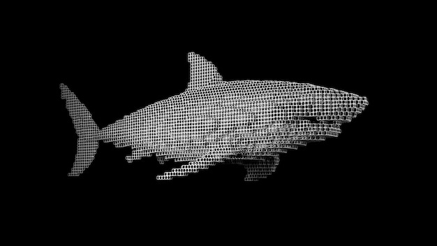A shark made of many cubes on a black uniform