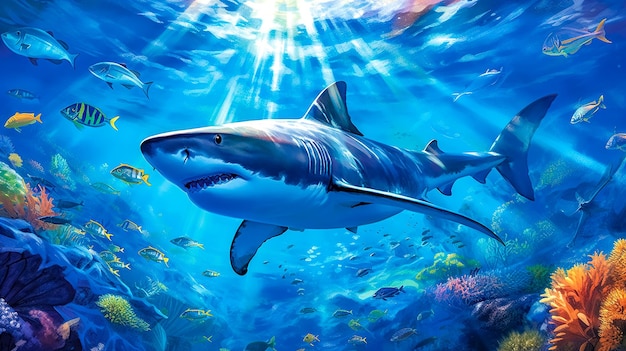 Shark in ocean waters underwater world with predator made with Generative AI