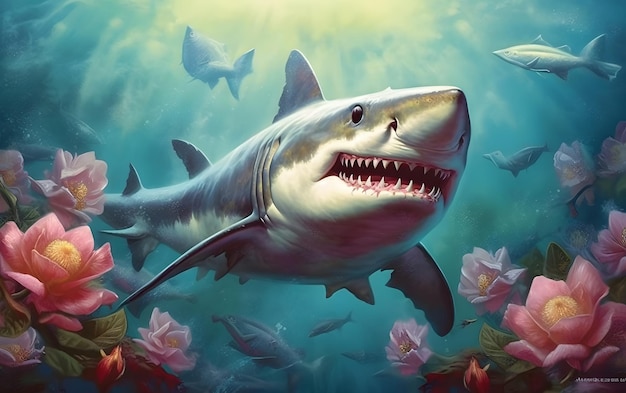A shark in the sea with roses on the bottom