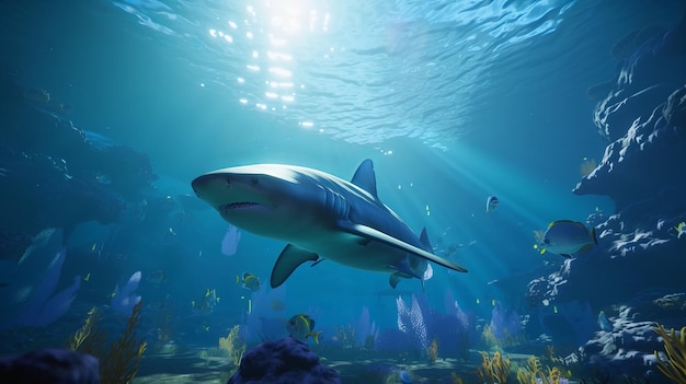 A shark swimming in an aquarium with a fish in the background.