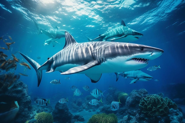 a shark swimming under a coral reef with sharks