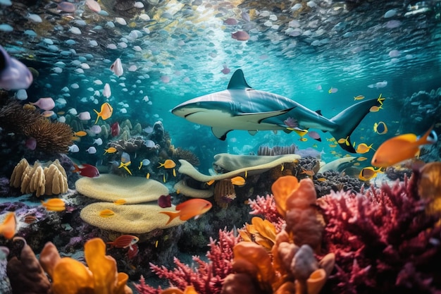 A shark swimming in a coral reef