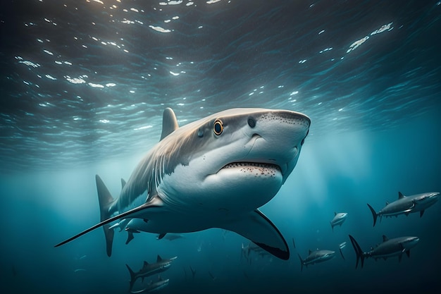 A shark swimming in the ocean with a blue background.