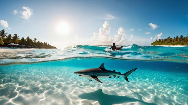 Photo shark swimming in ocean with man in boat