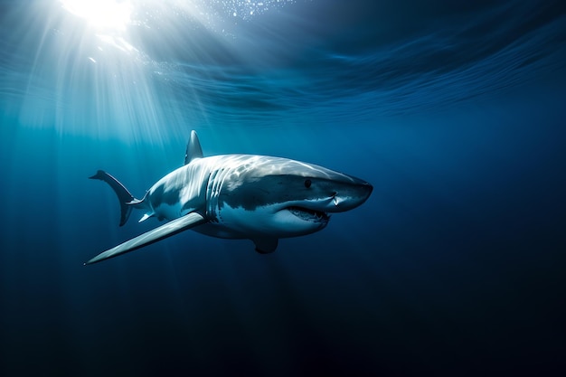 A shark swimming in the ocean with the sun shining on the bottom.